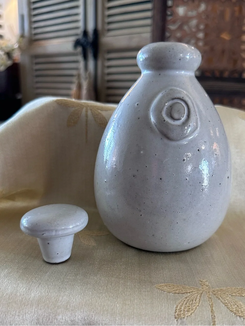 Crate & Barrel Grayish White Speckled Glazed Ceramic Stoneware Olive Oil Cruet.